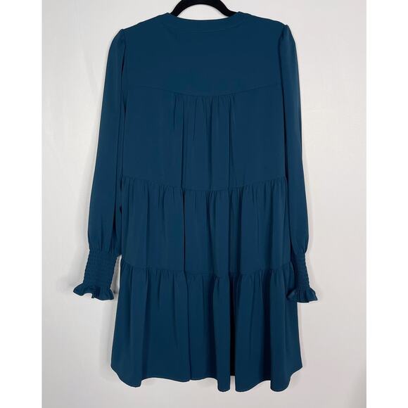 OPT Small Teal Blue Bay VNeck Tiered Long Sleeve Dress Cocktail Smocked Cuffs - Picture 2 of 12
